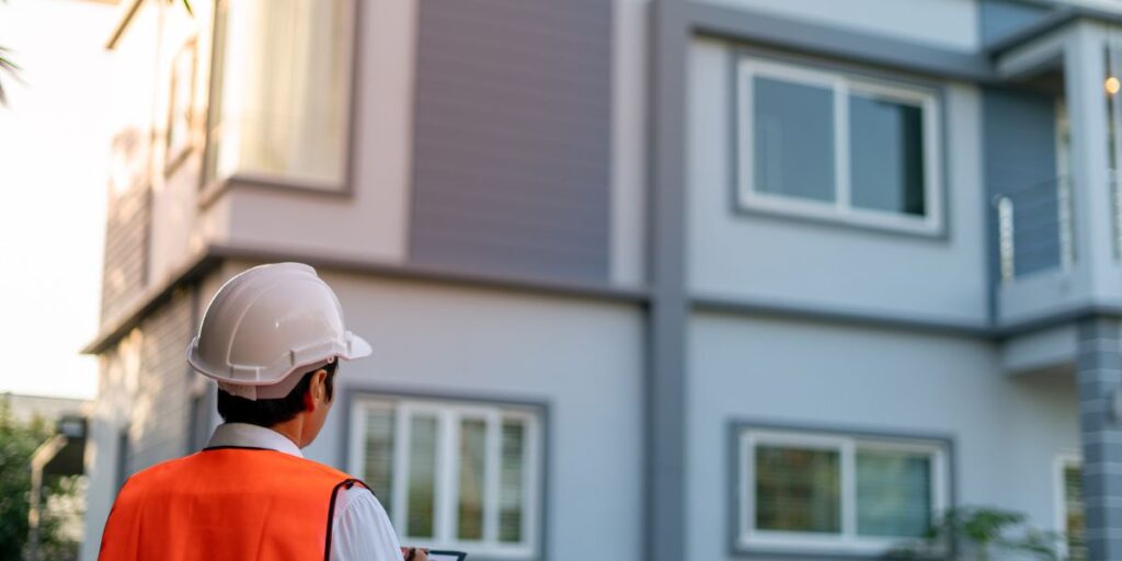 A home inspector in an orange vest and hard hat poses in front of a house, prepared for upcoming projects.